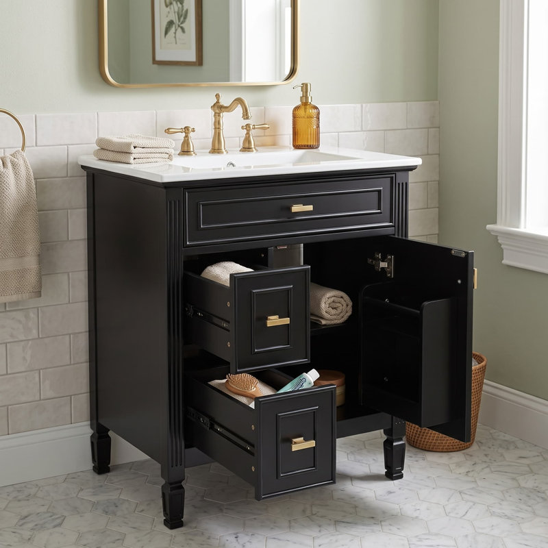 Meuble-lavabo de salle de bain de 61 cm (24 po) avec lavabo, meuble-lavabo noir autoportant pour rangement de salle de bain