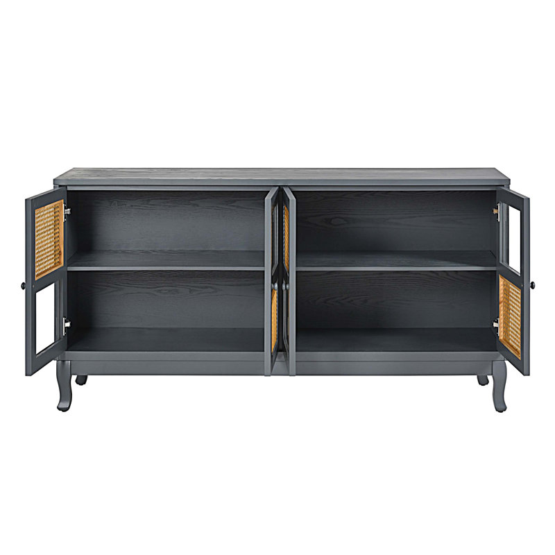 Buffet 4 portes avec rangement et portes en rotin artificiel, armoire d'appoint avec verre transparent, Gris foncé antique