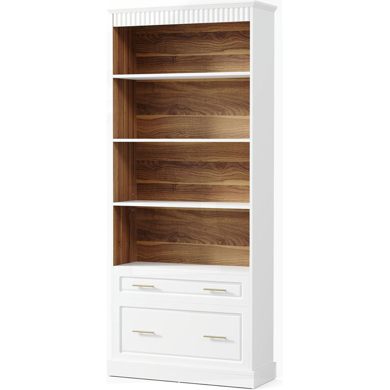 5-Tier White Bookcase with 2 Drawers Storage Organizer