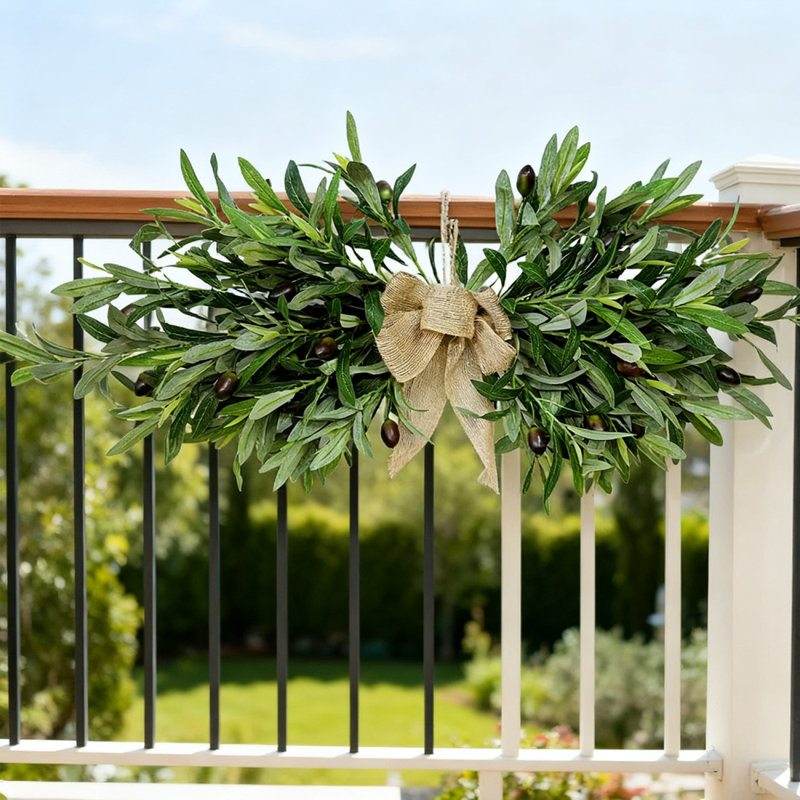 1 couronne d'olivier artificiel avec nœud en toile de jute, décoration murale feuille de vigne verte pour porte d'entrée et espaces intérieurs
