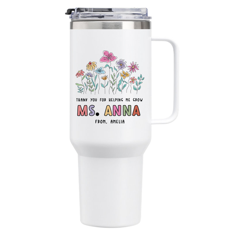 Verre personnalisé 40 oz avec poignée, motif de remerciement floral, texte du nom, cadeau de l'enseignant, Oui