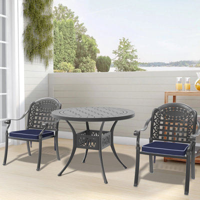 3-Piece Set Of Cast Aluminum Patio Furniture With Blue Cushions