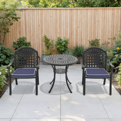 Ensemble de 3 meubles de patio en aluminium coulé avec coussins bleus