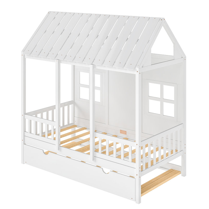 Lit simple avec lit gigogne, structure de lit pour enfant avec toit, fenêtres et garde-corps, lit de jeu en bois