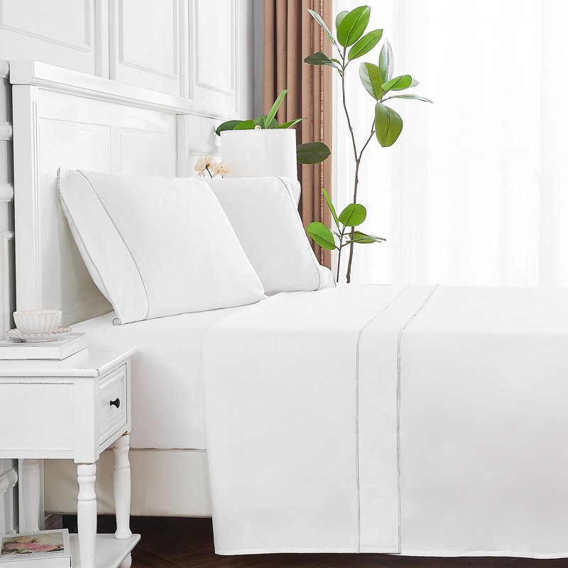 Framed Sateen Sheet Set, Queen Sheet Set with 2 Pillowcases, White