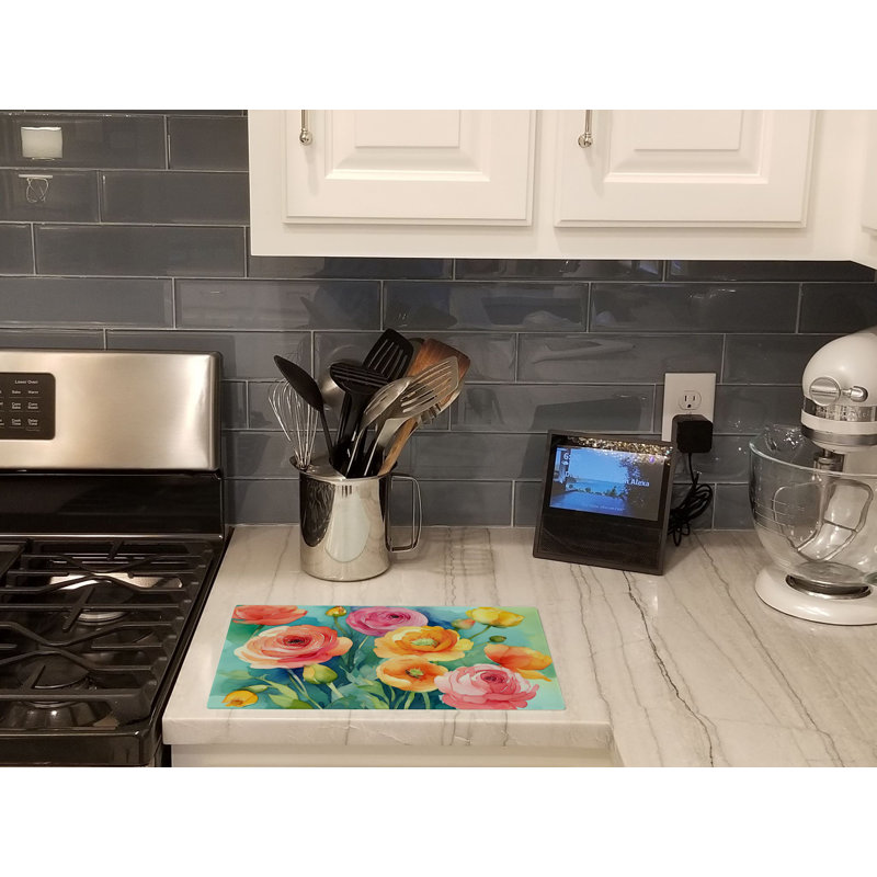 Ranunculus in Watercolor Glass Cutting Board Large