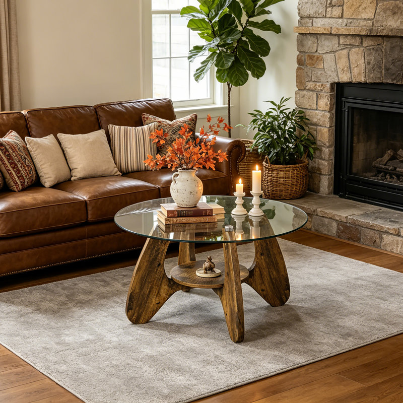 31.5" Glass Coffee Table for Living Room, 2-Tier Wood Accent Center Table with Open Storage, Rustic Brown