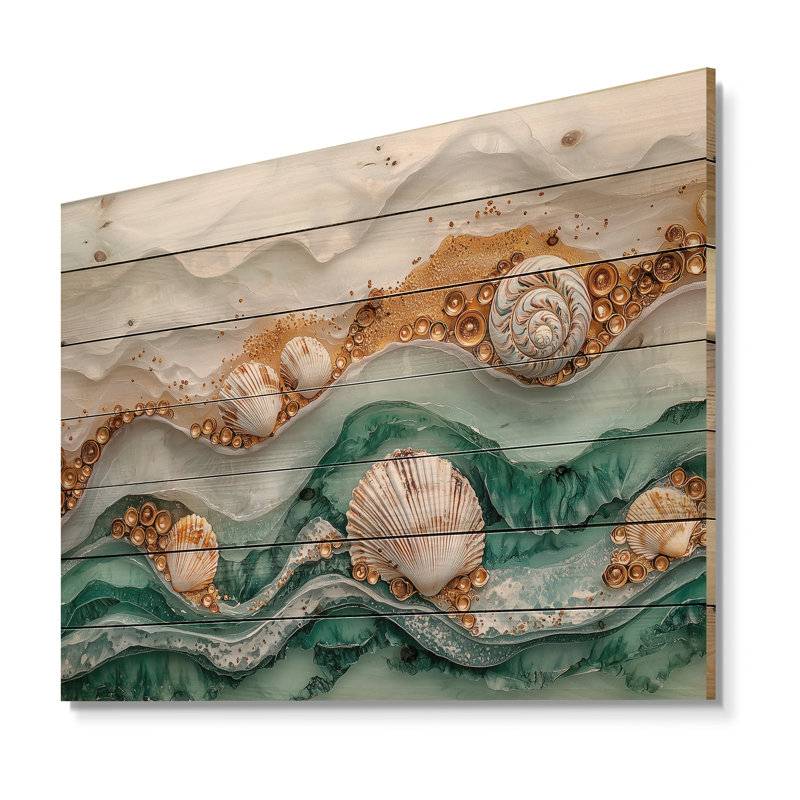 Coquillage et paysage de plage marbré II - impression de bois côtier - sur bois de pin naturel, H 24 po x l 32 po x P 0,78 po