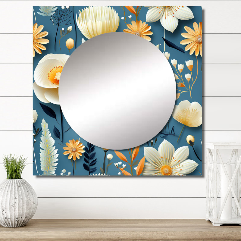 Coastal Flora And Fauna Coastal Pattern - Miroir floral carré pour décoration murale, 23 po x 23 po