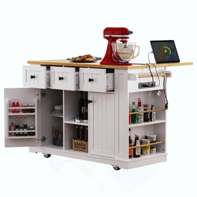 Kitchen Island With Drop Leaf, Power Outlet, Door Internal Storage Rack, Rolling Kitchen Cart On 5 Wheels With 5 Open Side Racks For Kitchen, Dining Room(Not Include Bar Stools)