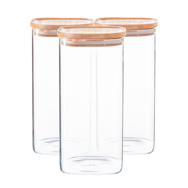 Argon Tableware - Square Glass Storage Jars with Wooden Lids - Set of 6, 21cm H x 10cm W x 10cm D