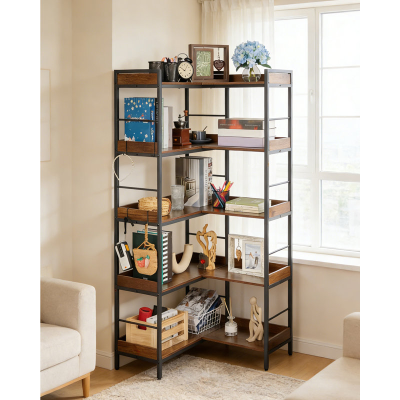 Corner Bookshelf with 5-Tier Storage, Reverse Design & 4 Hooks – 65 Inches – Wooden & Metal Frame – Open Shelving – Rustic Brown