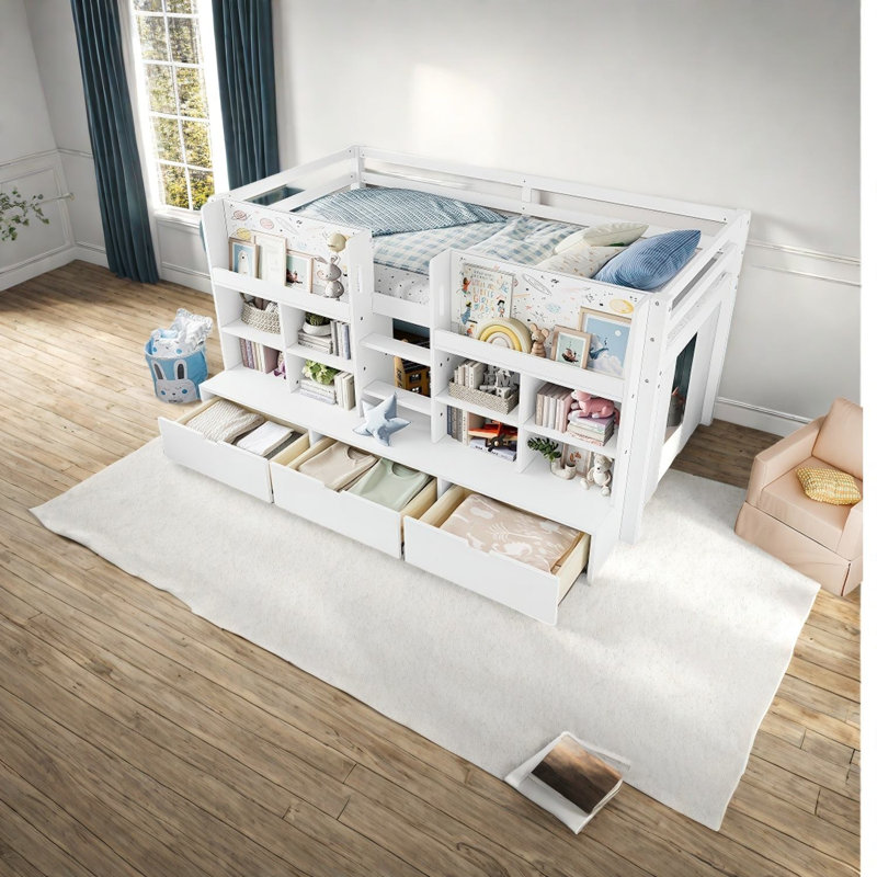 Lit mezzanine simple peu encombrant avec rangement et tableau noir, conception en bois blanc pour enfants