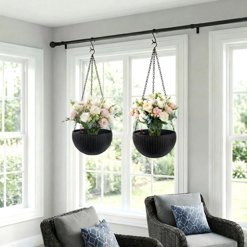 8" H x 13" W Self-Watering Rattan Hanging Planter Root-Rot Resistant Pot Planter Set for Indoor & Balcony Decoration, Black