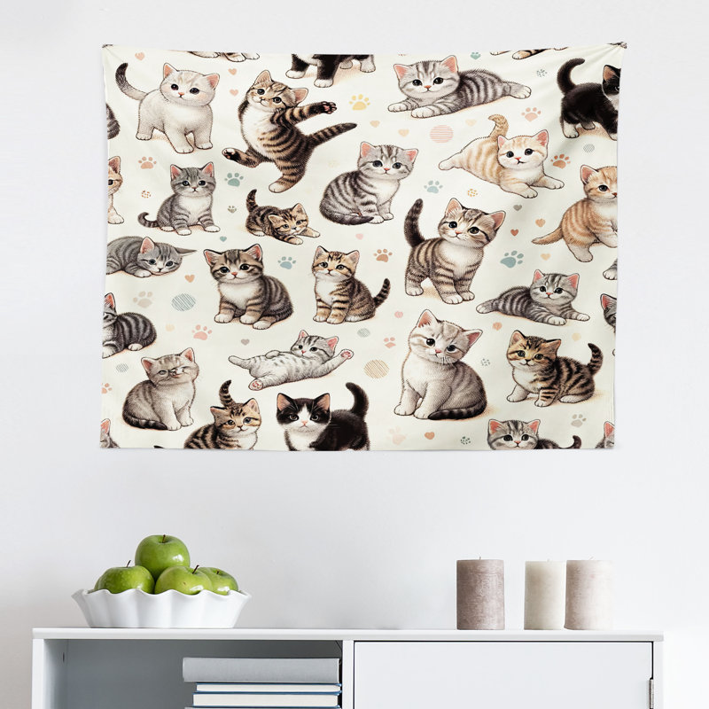 Winston Porter Cat Wall Hanging Tapestry Little Kittens Playful Poses Off White Taupe and Grey, H 23 po x l 28 po