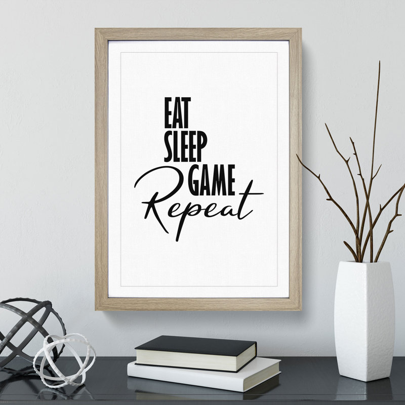 Eat Sleep Game Repeat - Picture Frame Typography, 36cm H x 27cm W x 2cm D, Oak