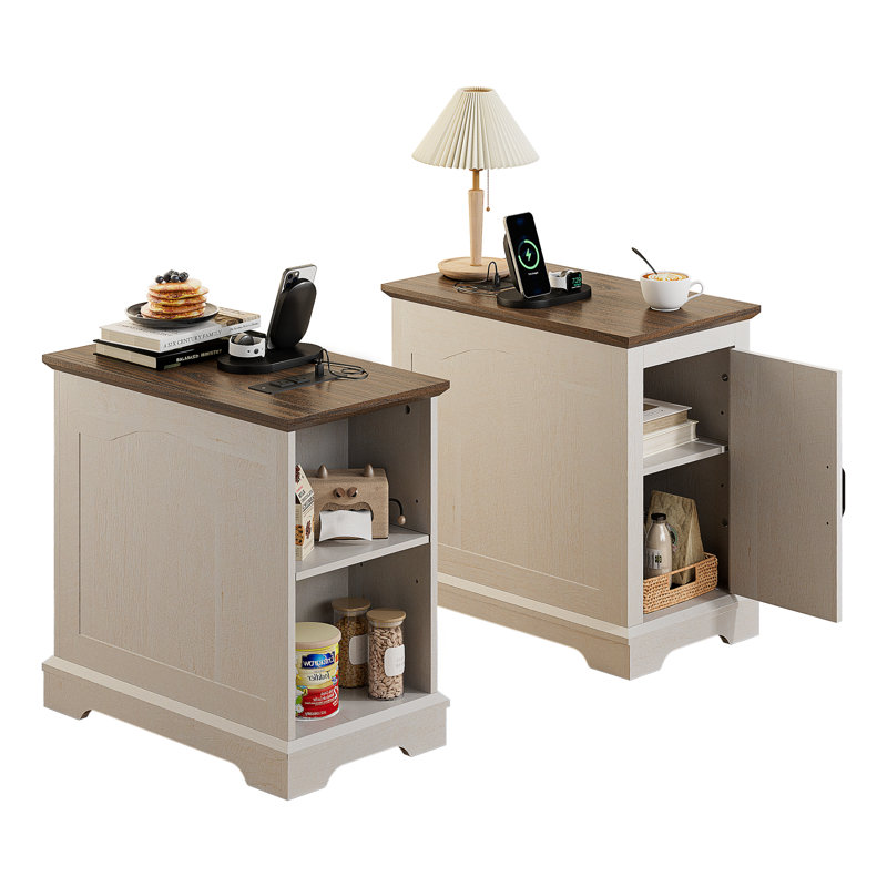 Table de bout avec ports de charge et tablette réglable, Chêne blanc, 1