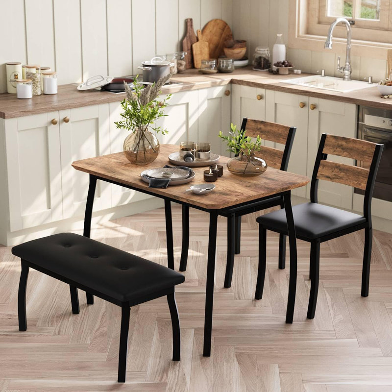 Ensemble de table de salle à manger pour 4 personnes, table de cuisine en bois robuste avec chanfrein et pieds en métal, banc rembourré