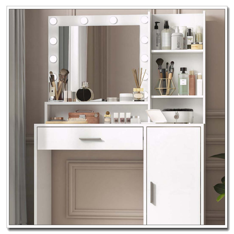 Vanity Desk with Mirror and Lights, Large Drawer and 3-Level Storage