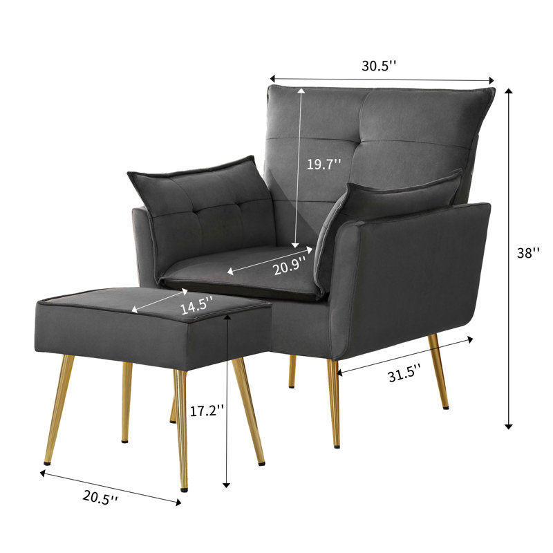 Fauteuil rembourré avec repose-pieds Vaishal, Velours gris