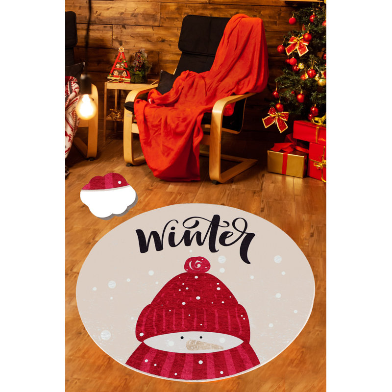 Festive Christmas Carpet (78.7 in Diameter), 100% Polyester, 0.2 in Pile Height | Antibacterial, Non-Slip Base, Machine Washable | Red, White, Cream & Black Design | Perfect for Holiday Decor & Cozy Gatherings