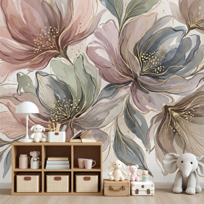 Papier peint à peler et coller Élégant bouquet de fleurs aquarelle décorations murales décoratives décoratives dorées H 69 po x l 96 po amovible en papier PVC adhésif mural pour chambre à coucher bureau à domicile