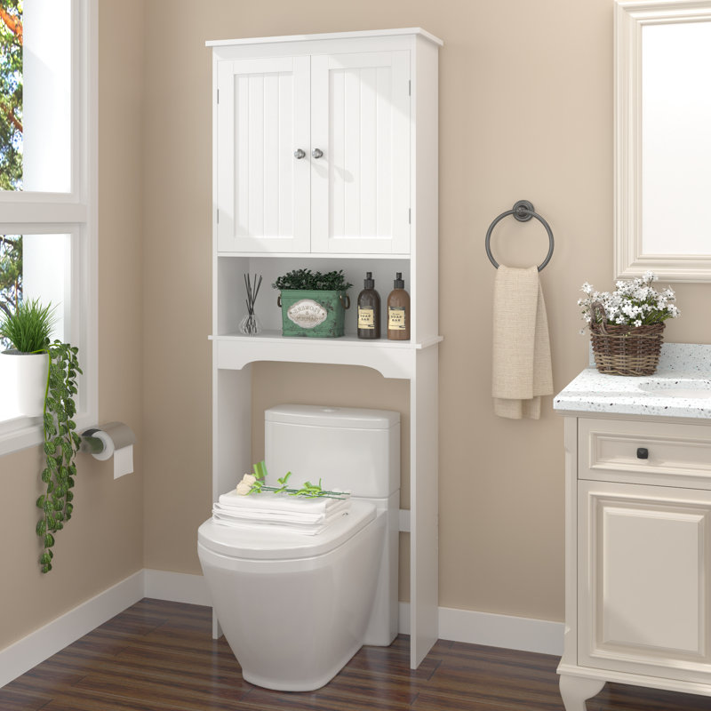 Over Toilet Storage Cabinet, White Wood Bathroom Shelf With Movable Partition Board Unit, Removable Wooden Panel