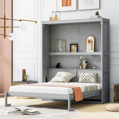 Lit élégant pour appartement, chambre d'amis, lit plateforme, lit escamotable avec tablettes
