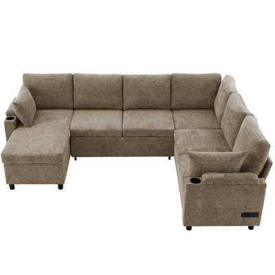 109.9" Sectional Sofa Versatile Sofa Bed Sofa Sleeper U-Shaped Sofa With Ample Storage Space, Two Cup Holders And Charging Ports For Living Room, Brown