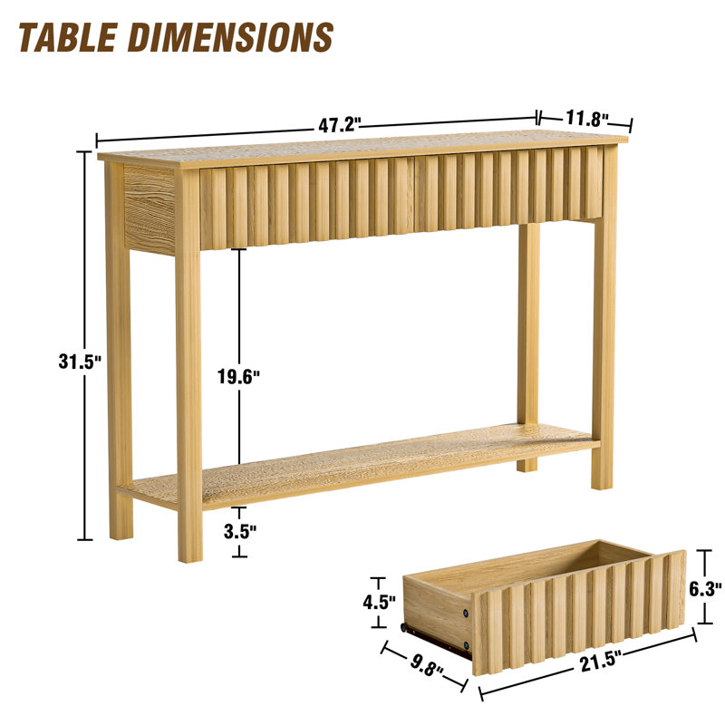 47” Console Table With 2 Drawers, Narrow Sofa Table With Open Storage Shelf For Entrance, Hallway, Living Room, Natural