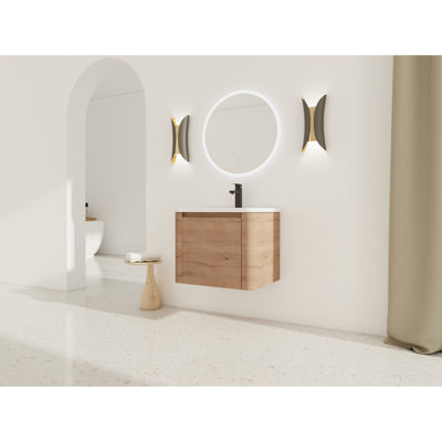 Meuble-lavabo moderne de 24 po avec lavabo en céramique blanc, 1 porte à fermeture en douceur, 45 poignées dissimulées et base en contreplaqué, idéal pour une installation dans l'espace de 24 po