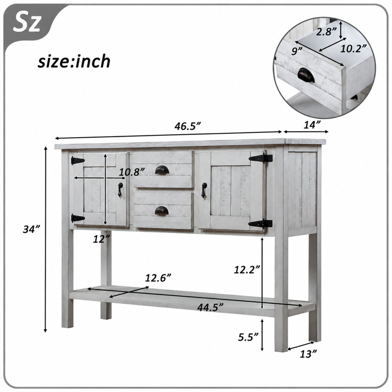 Console de 46 pouces en bois massif avec 2 tiroirs, 2 armoires et tablette inférieure, armoire de rangement style rétro pour le salon, la cuisine, la salle à manger, le couloir et l'entrée