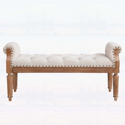 Banc rembourré en bois massif de style Mid-Century avec accoudoirs roulés, repose-pieds capitonné classique pour la chambre et le vestibule, beige