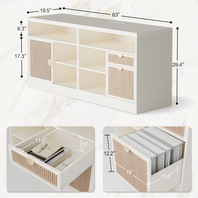 Classeur latéral Adonia en bois de 160 cm de large avec serrure, idéal pour le bureau à domicile, et doté d'une prise électrique intégrée, en rotin blanc.