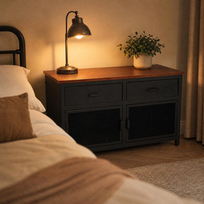 Armoire de rangement industrielle avec plateau en bois de pin massif, 2 tiroirs et 2 portes en filet, armoire d'appoint en métal de 39,4 po de largeur pour le salon, le vestibule, noir et brun