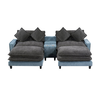 111" Sectional Sofa Chenille Upholstered Sofa with Two Removable Ottoman, Two USB Ports, Two Cup Holders and Large Storage Box for Living Room
