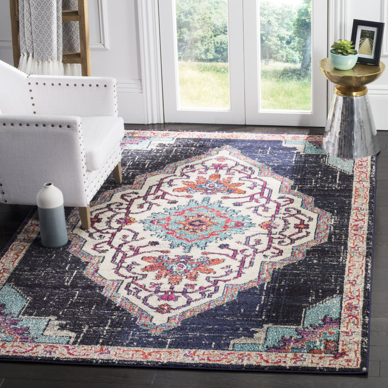 Tapis oriental en jute noir / bleu Hertzler, Rectangle 6 pi 7 po x 9 pi 2 po