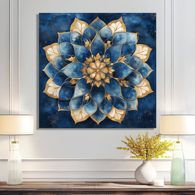 «Blue Midnight Mandala in Gold III» - géométrie spirituelle, décoration murale en métal, impression boho mandala