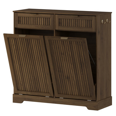 Double Tilt-Out Trash Can Cabinet for 2 x 10 Gallon Bins, Fluted Farmhouse Garbage Storage Cabinet with 2 Drawers and Hooks, Freestanding Kitchen Cabinet(Not include trash can) 