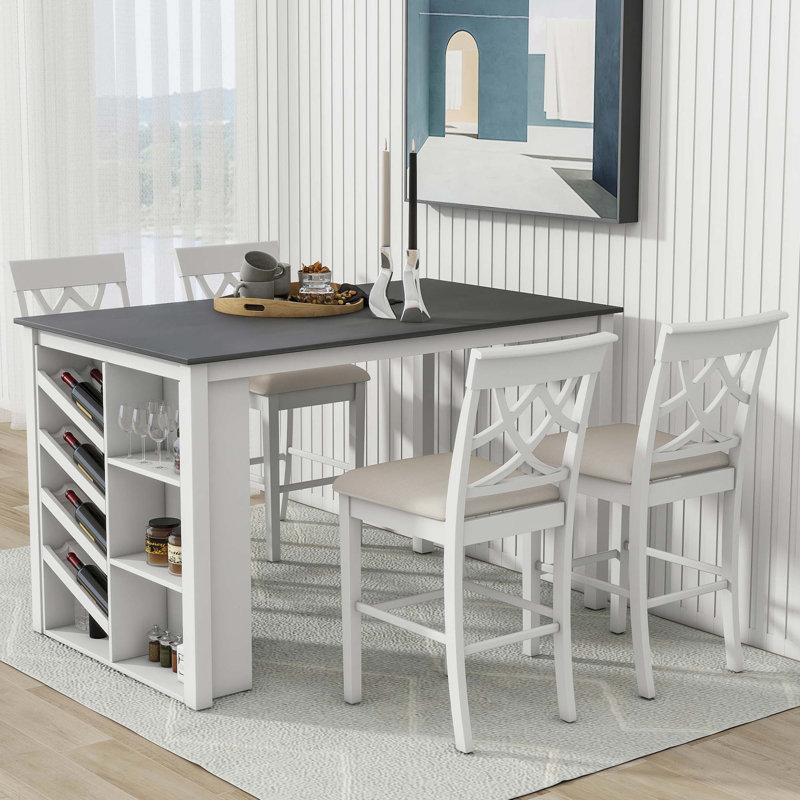 Ensemble de table de salle à manger en bois massif 5 pièces, table de 59 x 35,4 pouces avec support à vin incurvé et 4 chaises rembourrées