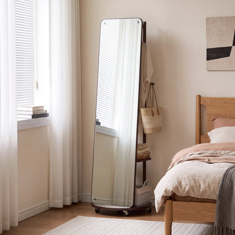 Miroir rotatif pleine grandeur avec portemanteau, miroir de rangement autoportant en bois massif pour le salon de la chambre à coucher
