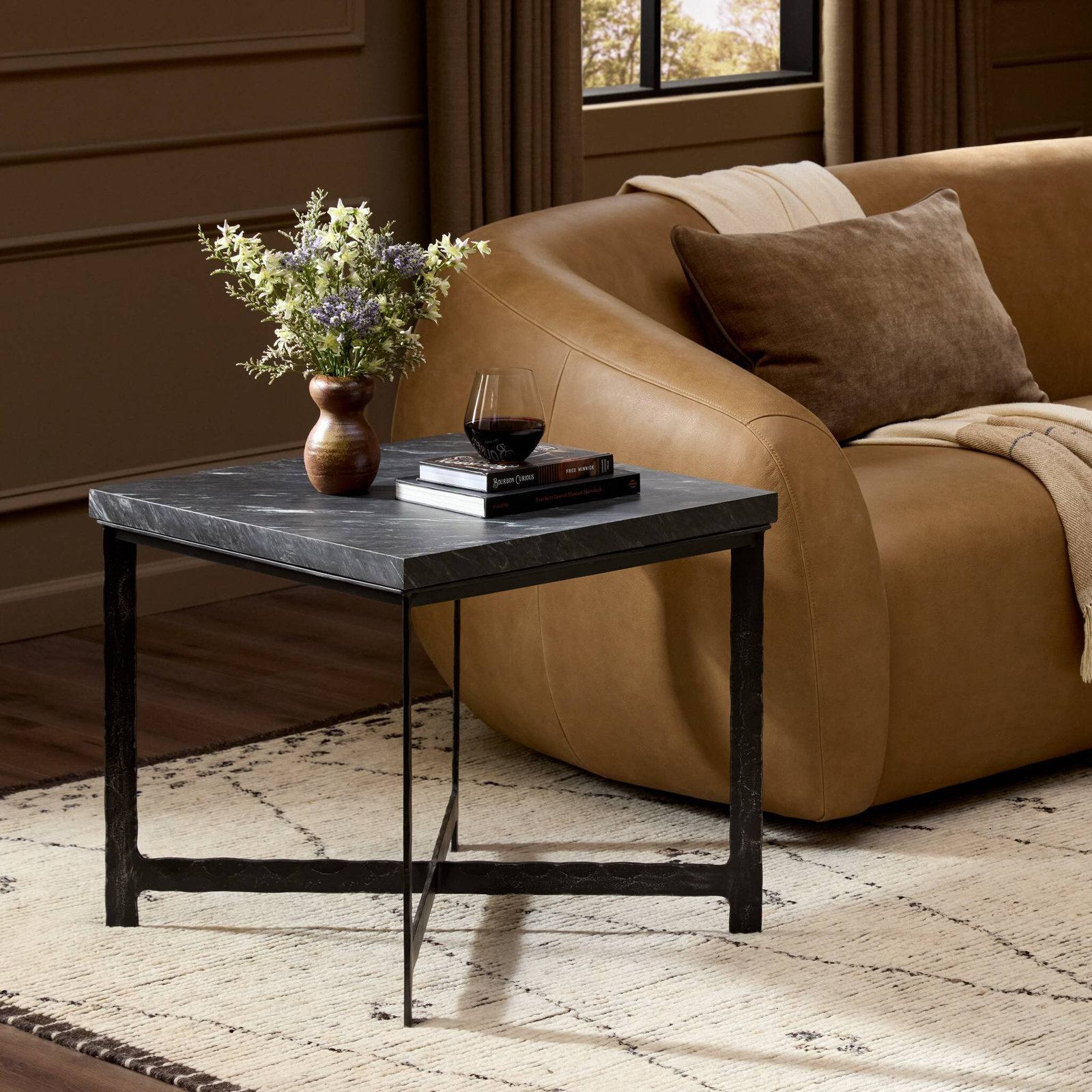 Nelida 24" Genuine Marble End Table, Charcoal Marble Top/Hammered Black Iron Base