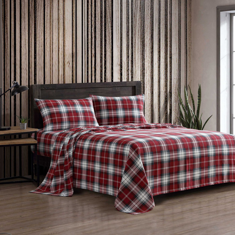 Ensemble de draps 100% coton 200 fils, Ensemble de draps pour lit simple avec 1 taie d'or, Carreaux rouges