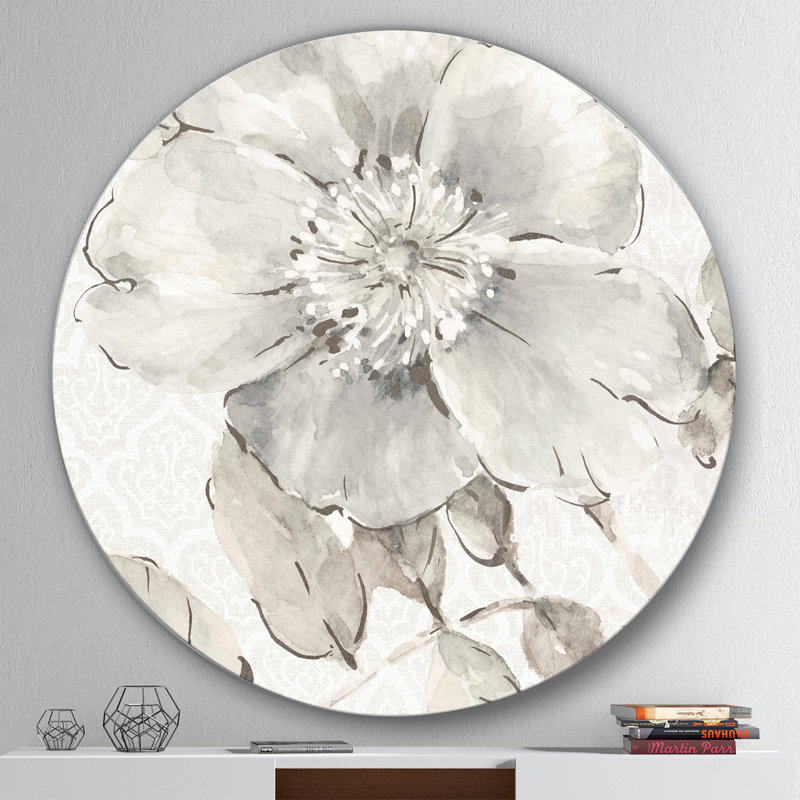 Indigold Grey Pivoines II - Reproduction d'art en cercle métallique sur toile, H 11 po x l 11 po
