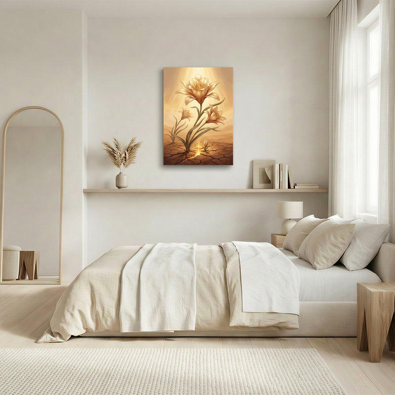 «Golden Lilies Growing From Cracked Earth with Glowing Light», art mural sur toile, 48"H x 32"W