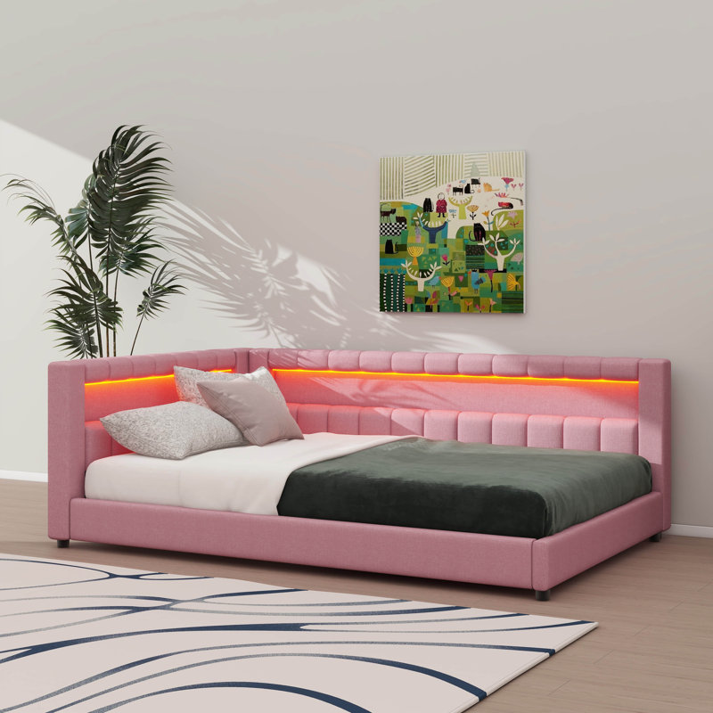Full XL Size Upholstered Daybed With Integrated Storage, L-Shaped Configuration With LED Strip And USB Ports, Linen Fabric Bed Frame