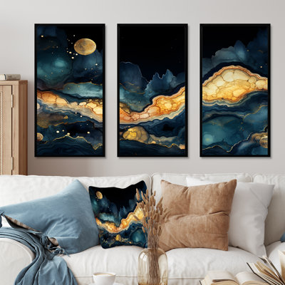Gold And Blue Tidal Tilt - Geometric Wall Art