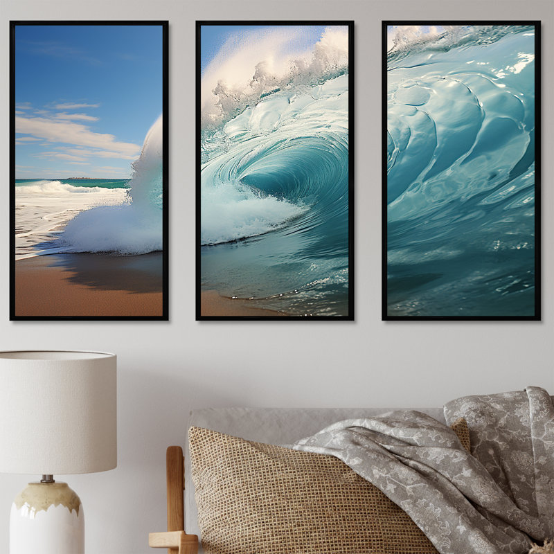 «Turquoise Ocean's Force Unleashed II», ensemble d'art sur toile côtière, Cadre flottant noir, H 32 po x l 48 po x P 1 po