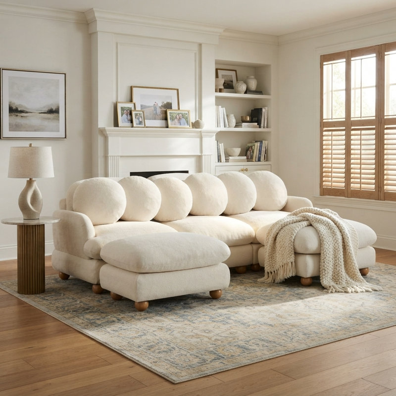 Ensemble de salon modulaire 5 pièces en chenille avec 2 poufs, 6 coussins ronds et pieds en bois massif, couleur crème ivoire