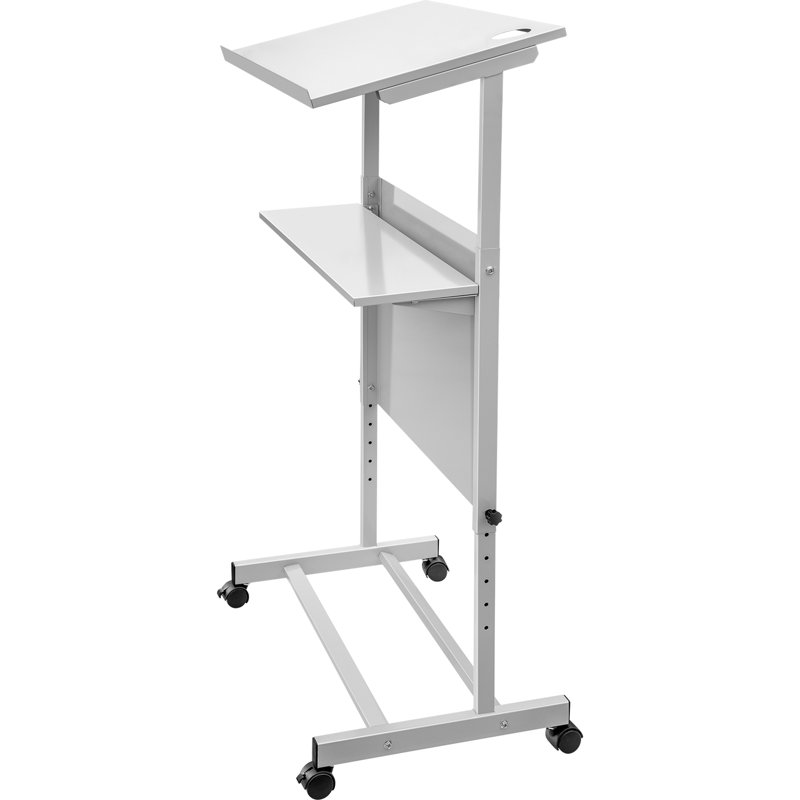 Adjustable White Steel Standing Lectern with Storage Shelves